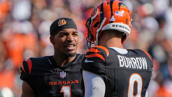 Cincinnati Bengals wide receiver Ja'Marr Chase (1) and quarterback Joe Burrow (9) talk during a timeout in Sunday, October 6, 2024, at Payor Stadium. The Bengals lost to the Baltimore Ravens 41-38 in overtime. Cincinnati Bengals wide receiver Ja'Marr Chase (1) and quarterback Joe Burrow (9) talk during a timeout in Sunday, October 6, 2024, at Payor Stadium. The Bengals lost to the Baltimore Ravens 41-38 in overtime.