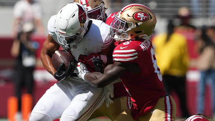 Sep 27, 2026; Santa Clara, California, USA; San Francisco 49ers safety Malik Mustapha (6) tackles Arizona Cardinals wide receiver Michael Wilson (left) during the second quarter at Levi's Stadium. Mandatory Credit: Darren Yamashita-Imagn Images Sep 27, 2026; Santa Clara, California, USA; San Francisco 49ers safety Malik Mustapha (6) tackles Arizona Cardinals wide receiver Michael Wilson (left) during the second quarter at Levi's Stadium. Mandatory Credit: Darren Yamashita-Imagn Images