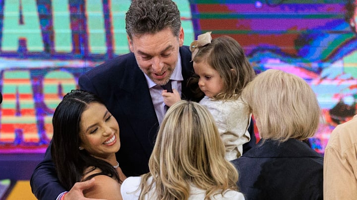 March 7, 2023: Pau Gasol embraces Vanessa Bryant during his jersey retirement ceremony at halftime in the NBA.