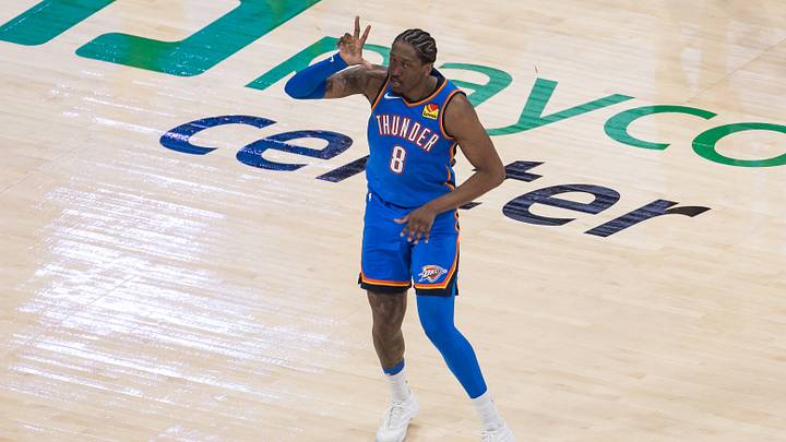 May 18, 2026; Oklahoma City, Oklahoma, USA; Oklahoma City Thunder forward Jalen Williams (8) reacts in double overtime against the San Antonio Spurs during game one of the western conference finals for the 2026 NBA playoffs at Paycom Center. Mandatory Credit: Brett Rojo-Imagn Images May 18, 2026; Oklahoma City, Oklahoma, USA; Oklahoma City Thunder forward Jalen Williams (8) reacts in double overtime against the San Antonio Spurs during game one of the western conference finals for the 2026 NBA playoffs at Paycom Center. Mandatory Credit: Brett Rojo-Imagn Images