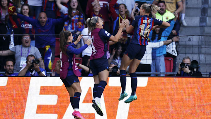 Fridolina Rolfo takes off as she celebrates Barcelona's winning goal in the women's Champions League final Fridolina Rolfo takes off as she celebrates Barcelona's winning goal in the women's Champions League final