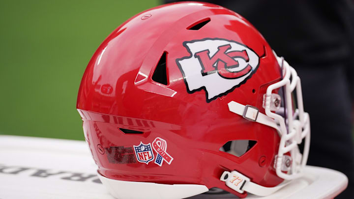 Sep 14, 2025; Kansas City, Missouri, USA; A Kansas City Chiefs helmet is seen during the third quarter of the game between the Kansas City Chiefs and the Philadelphia Eagles at GEHA Field at Arrowhead Stadium. Mandatory Credit: Denny Medley-Imagn Images