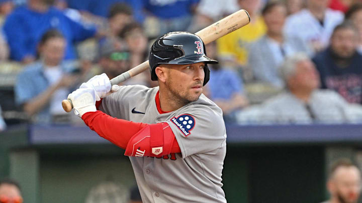 Boston Red Sox third baseman Alex Bregman (2) hits against the Kansas City Royals at Kauffman Stadium. 