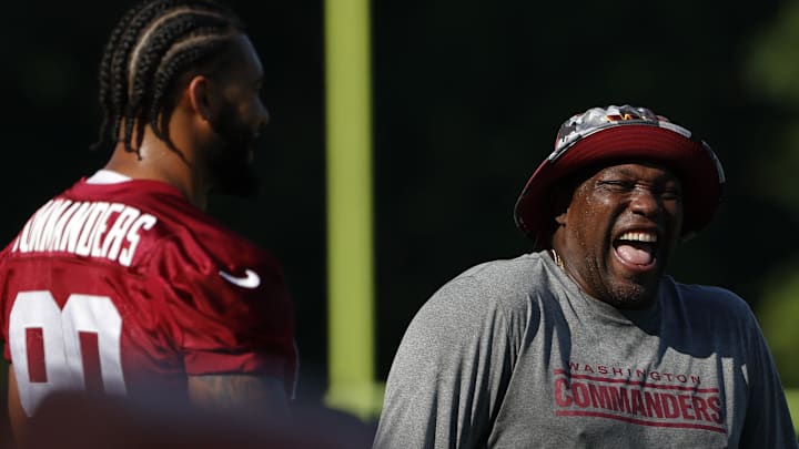 Jun 15, 2022; Ashburn, Virginia, USA; Washington Commanders defensive end Montez Sweat (90) jokes