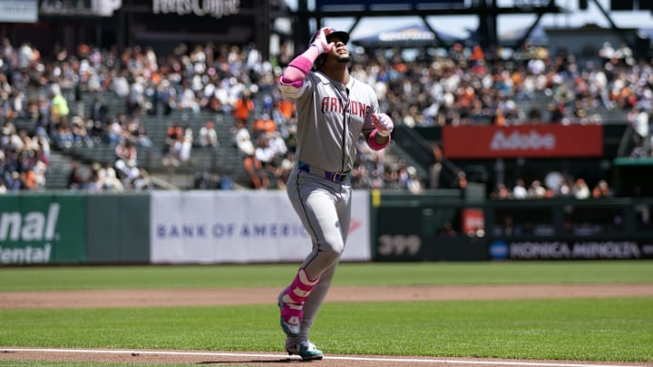 May 14, 2025; San Francisco, California, USA; Arizona Diamondbacks second baseman Ketel Marte (4) celebrates his solo home run against the San Francisco Giants during the first inning at Oracle Park. Mandatory Credit: D. Ross Cameron-Imagn Images