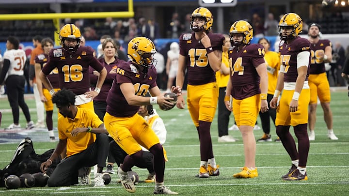 Arizona State quarterback Sam Leavitt (10) warms up before playing against Texas in the Chick-fil-A Peach Bowl on Jan 1, 2025, in Atlanta, Ga. Arizona State quarterback Sam Leavitt (10) warms up before playing against Texas in the Chick-fil-A Peach Bowl on Jan 1, 2025, in Atlanta, Ga.