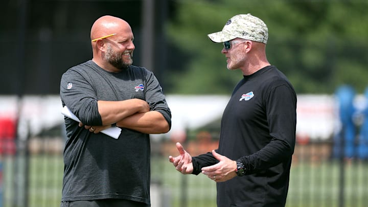 Bills head coach Sean McDermott (right) with offensive coordinator Brian Daboll during training camp.