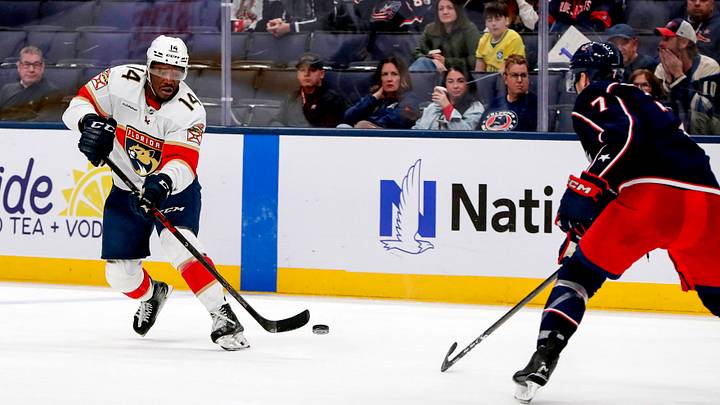Oct 13, 2026; Columbus, Ohio, USA; Florida Panthers left wing Bokondji Imama (14) passes the puck as Columbus Blue Jackets defenseman Carson Soucy (7) defends during the third period at Nationwide Arena. Mandatory Credit: Russell LaBounty-Imagn Images Oct 13, 2026; Columbus, Ohio, USA; Florida Panthers left wing Bokondji Imama (14) passes the puck as Columbus Blue Jackets defenseman Carson Soucy (7) defends during the third period at Nationwide Arena. Mandatory Credit: Russell LaBounty-Imagn Images