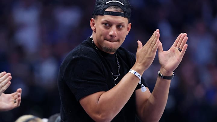 Kansas City Chiefs quarterback Patrick Mahomes reacts after a play during the second quarter during game three of the 2024 NBA Finals between the Boston Celtics and the Dallas Mavericks at American Airlines Center. Kansas City Chiefs quarterback Patrick Mahomes reacts after a play during the second quarter during game three of the 2024 NBA Finals between the Boston Celtics and the Dallas Mavericks at American Airlines Center.