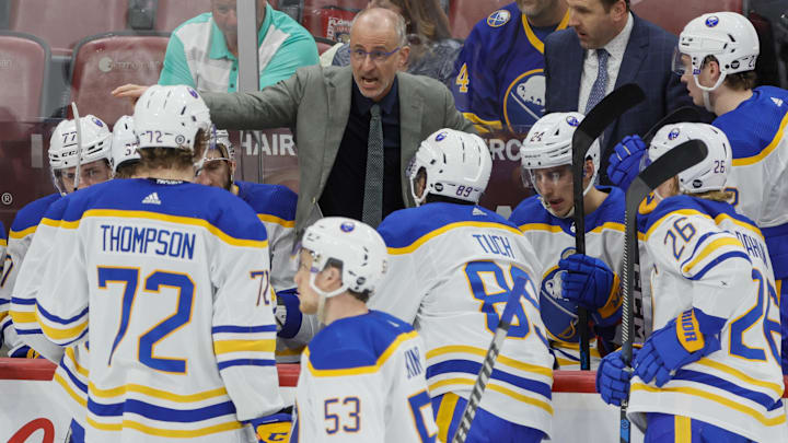 Apr 4, 2023; Sunrise, Florida, USA; Buffalo Sabres head coach Don Granato talks to his players