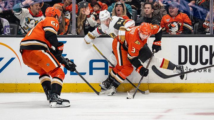 May 10, 2026; Anaheim, California, USA; Anaheim Ducks defenseman Ian Moore (3) and Vegas Golden Knights defenseman Ben Hutton (17) contend for the puck during the third period in game four of the second round of the 2026 Stanley Cup Playoffs at Honda Center. Mandatory Credit: Corinne Votaw-Imagn Images May 10, 2026; Anaheim, California, USA; Anaheim Ducks defenseman Ian Moore (3) and Vegas Golden Knights defenseman Ben Hutton (17) contend for the puck during the third period in game four of the second round of the 2026 Stanley Cup Playoffs at Honda Center. Mandatory Credit: Corinne Votaw-Imagn Images