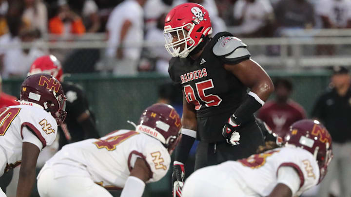 Savannah Christian's Elijah Griffin looks over the New Hampstead offense on Friday, August 23, 2024 at Pooler Stadium. Savannah Christian's Elijah Griffin looks over the New Hampstead offense on Friday, August 23, 2024 at Pooler Stadium.