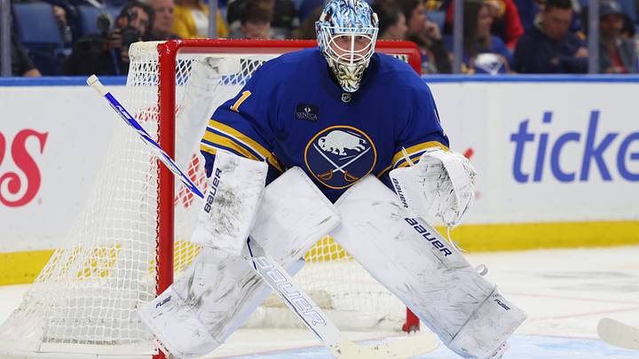 Oct 8, 2026; Buffalo, New York, USA; Buffalo Sabres goaltender Ukko-Pekka Luukkonen (1) looks for the puck during the third period against the Dallas Stars at KeyBank Center. Mandatory Credit: Timothy T. Ludwig-Imagn Images Oct 8, 2026; Buffalo, New York, USA; Buffalo Sabres goaltender Ukko-Pekka Luukkonen (1) looks for the puck during the third period against the Dallas Stars at KeyBank Center. Mandatory Credit: Timothy T. Ludwig-Imagn Images