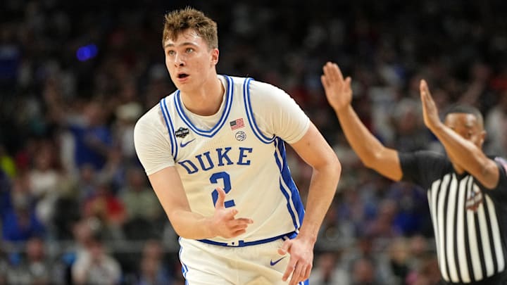 Duke Blue Devils forward Cooper Flagg (2) reacts after a three point basket against the Houston Cougars during the first half in the semifinals of the men's Final Four of the 2025 NCAA Tournament at the Alamodome. 