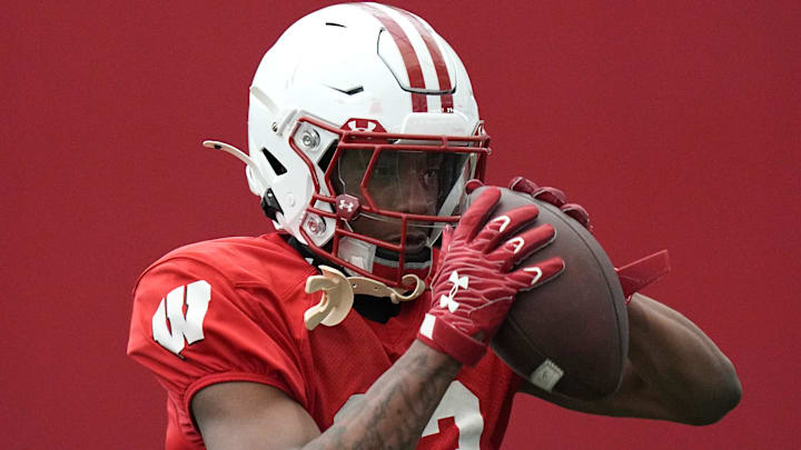 Wisconsin wide receiver Kyan Berry-Johnson (22) is shown during spring football practice Thursday, April 25, 2024 in Madison, Wisconsin. The Wisconsin Badgers football team plays their season opener against Western Michigan on August 31.