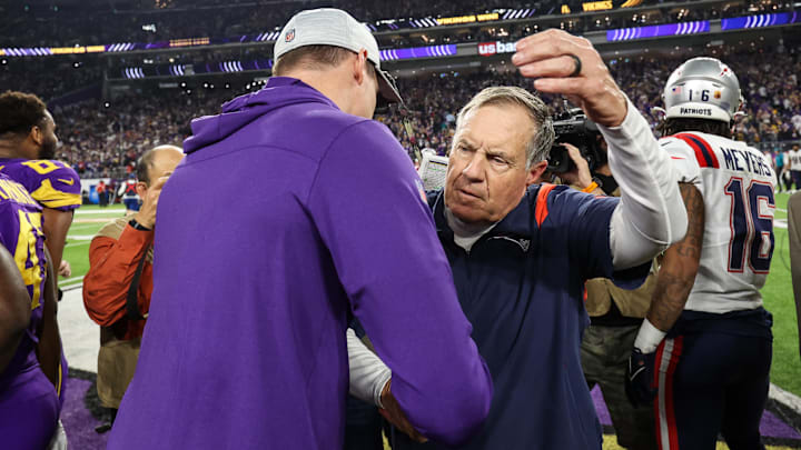 Nov 24, 2022; Minneapolis, Minnesota, USA; New England Patriots head coach Bill Belichick and Minnesota Vikings head coach Kevin O'Connell shake hands after the game at U.S. Bank Stadium. Mandatory Credit: Matt Krohn-Imagn Images