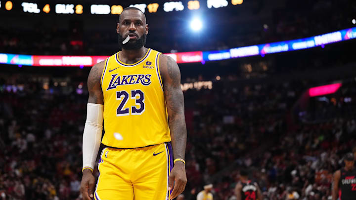 Nov 6, 2023; Miami, Florida, USA; Los Angeles Lakers forward LeBron James (23) walks up the court prior to the second half against the Miami Heat at Kaseya Center. Mandatory Credit: Jasen Vinlove-Imagn Images