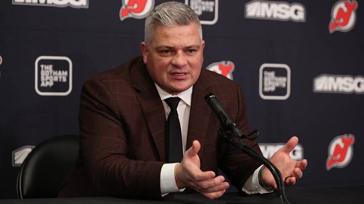 Feb 25, 2026; Newark, New Jersey, USA; New Jersey Devils head coach Sheldon Keefe speaks to media after the game against the Buffalo Sabres at Prudential Center. Mandatory Credit: Ed Mulholland-Imagn Images