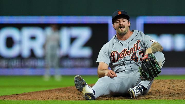 Apr 25, 2026; Cincinnati, Ohio, USA; Detroit Tigers pitcher Connor Seabold (43) reacts after to an injury during the game against the Cincinnati Reds in the sixth inning at Great American Ball Park. Mandatory Credit: Aaron Doster-Imagn Images Apr 25, 2026; Cincinnati, Ohio, USA; Detroit Tigers pitcher Connor Seabold (43) reacts after to an injury during the game against the Cincinnati Reds in the sixth inning at Great American Ball Park. Mandatory Credit: Aaron Doster-Imagn Images
