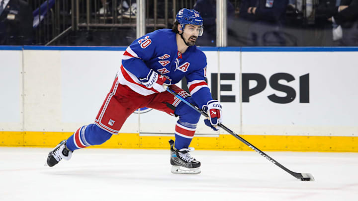 Mar 16, 2025; New York, New York, USA; New York Rangers left wing Chris Kreider (20) looks to shoot against the Edmonton Oilers during the second period at Madison Square Garden. Mandatory Credit: Danny Wild-Imagn Images
