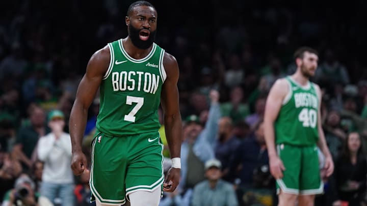 May 7, 2025; Boston, Massachusetts, USA; Boston Celtics guard Jaylen Brown (7) react after a play against the New York Knicks in the second quarter during game two of the second round for the 2025 NBA Playoffs at TD Garden. Mandatory Credit: David Butler II-Imagn Images