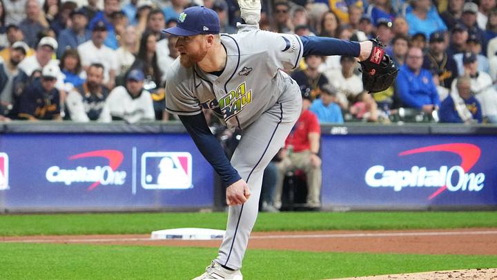 Oct 24, 2026; Milwaukee, Wisconsin, USA; Tampa Bay Rays pitcher Drew Rasmussen (57) pitches against the Milwaukee Brewers during the first inning in game two of the 2026 World Series at American Family Field. Mandatory Credit: Michael McLoone-Imagn Images Oct 24, 2026; Milwaukee, Wisconsin, USA; Tampa Bay Rays pitcher Drew Rasmussen (57) pitches against the Milwaukee Brewers during the first inning in game two of the 2026 World Series at American Family Field. Mandatory Credit: Michael McLoone-Imagn Images