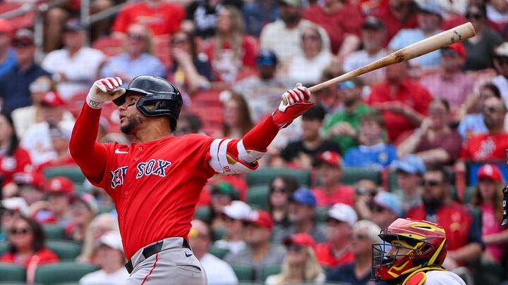 Apr 12, 2026; St. Louis, Missouri, USA; Boston Red Sox first baseman Willson Contreras (40) hits a two run home run against the St. Louis Cardinals during the first inning at Busch Stadium. Mandatory Credit: Jeff Curry-Imagn Images