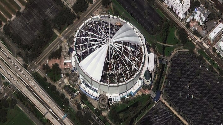 The roof of Tropicana Field, home of the Tampa Bay Rays MLB team, was torn off by Hurricane Milton's powerful winds. Satellite imagery from Maxar shows the destruction on Oct. 10, 2024.