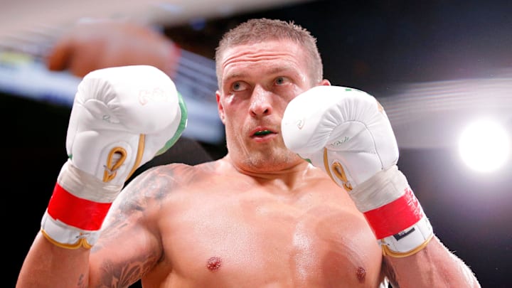 Oct 12, 2019; Chicago, IL, USA; Oleksandr Usyk (white trunks) during his match against Chazz Witherspoon (not pictured) during a heavyweight boxing match at Wintrust Arena. Mandatory Credit: Jon Durr-Imagn Images