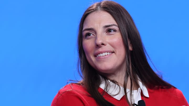 Oct 29, 2025; New York, NY, UNITED STATES; Hilary Knight, Hockey, speaks to the media during the U.S. Olympic Team Media Summit in preparation for the 2026 Milan Olympic Winter Games at Javits Center.