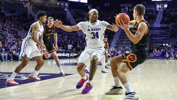 Kansas State guard Nate Johnson (34) covers Louisiana Monroe guard Krystian Lewis during the first half at Bramlage Coliseum. 