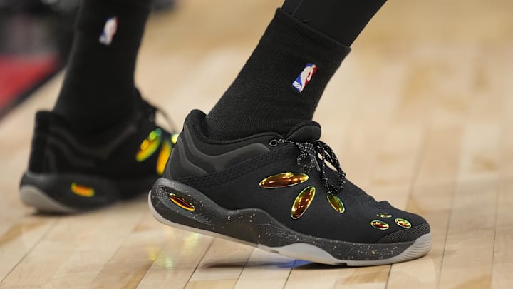 Jan 15, 2025; Toronto, Ontario, CAN; Shoes worn by Boston Celtics forward Jaylen Brown (7) during a game against the Toronto Raptors at Scotiabank Arena. Jan 15, 2025; Toronto, Ontario, CAN; Shoes worn by Boston Celtics forward Jaylen Brown (7) during a game against the Toronto Raptors at Scotiabank Arena.