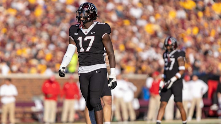 Oct 29, 2022; Minneapolis, Minnesota, USA; Minnesota Golden Gophers defensive lineman Jah Joyner (17) in action against the Rutgers Scarlet Knights in the fourth quarter at Huntington Bank Stadium. Mandatory Credit: Matt Blewett-Imagn Images Oct 29, 2022; Minneapolis, Minnesota, USA; Minnesota Golden Gophers defensive lineman Jah Joyner (17) in action against the Rutgers Scarlet Knights in the fourth quarter at Huntington Bank Stadium. Mandatory Credit: Matt Blewett-Imagn Images