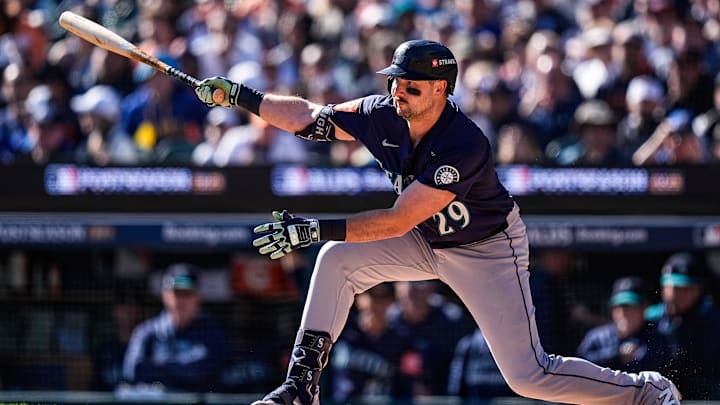 Seattle Mariners catcher Cal Raleigh (29) strikes out against Detroit Tigers during the first inning during ALDS Game 4 at Comerica Park in Detroit on Wednesday, Oct. 8, 2025.