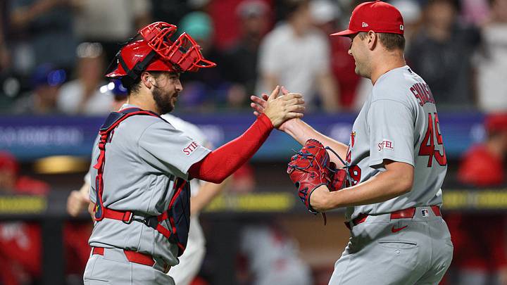 Jun 9, 2026; New York City, New York, USA; St. Louis Cardinals pitcher Matt Svanson (49) celebrates with catcher Jimmy Crooks (8) after defeating the New York Mets at Citi Field. Mandatory Credit: Vincent Carchietta-Imagn Images
