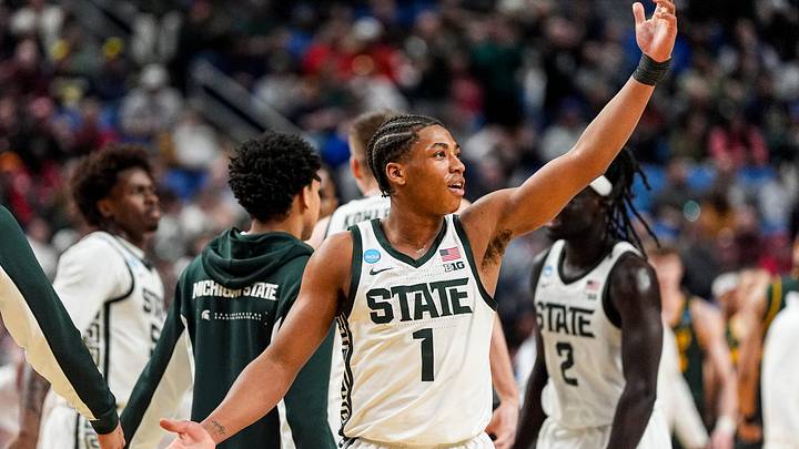 Michigan State guard Jeremy Fears Jr. (1) celebrates a play against North Dakota State during the first half of NCAA Tournament First Round at KeyBank Center in Buffalo on Thursday, March 19, 2026. Michigan State guard Jeremy Fears Jr. (1) celebrates a play against North Dakota State during the first half of NCAA Tournament First Round at KeyBank Center in Buffalo on Thursday, March 19, 2026.