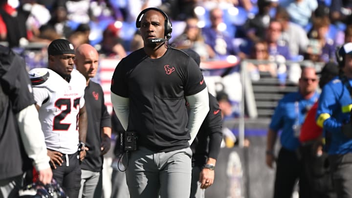 Oct 5, 2025; Baltimore, Maryland, USA; Houston Texans head coach Demeco Ryans stands on the sidelines during the third quarter against the Baltimore Ravens at M&T Bank Stadium. Mandatory Credit: Rafael Suanes-Imagn Images