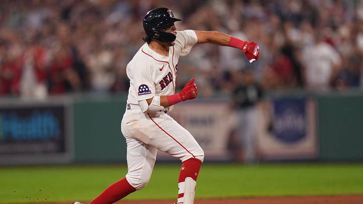 Aug 6, 2026; Boston, Massachusetts, USA; Boston Red Sox second baseman Anthony Seigler (48) reacts after hitting a double to drive in two runs against the Chicago White Sox in the fourth inning at Fenway Park. Mandatory Credit: David Butler II-Imagn Images
