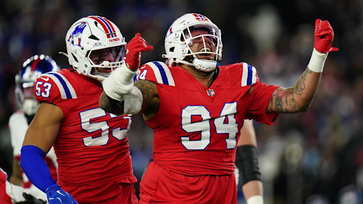 Dec 1, 2025; Foxborough, Massachusetts, USA; New England Patriots defensive tackle Cory Durden (94) celebrates after a play d Dec 1, 2025; Foxborough, Massachusetts, USA; New England Patriots defensive tackle Cory Durden (94) celebrates after a play d