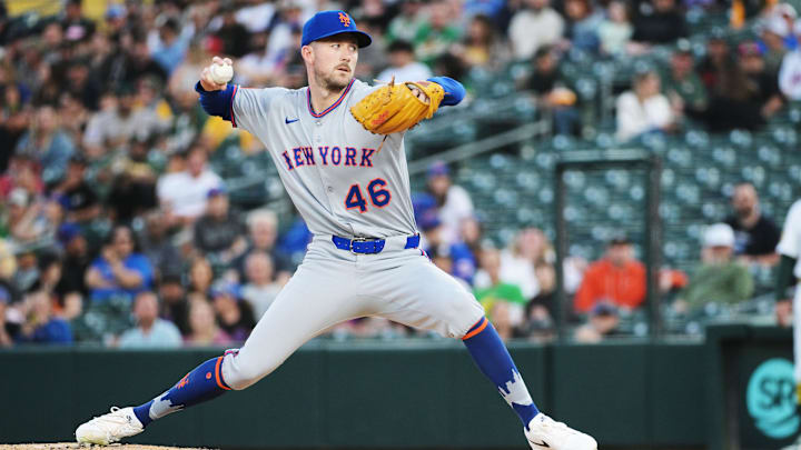 Apr 11, 2025; West Sacramento, California, USA; New York Mets pitcher Griffin Canning (46) throws a pitch against the Oakland Athletics during the first inning at Sutter Health Park. Mandatory Credit: Ed Szczepanski-Imagn Images
