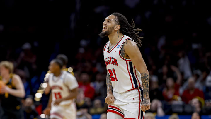 Mar 19, 2026; Oklahoma City, OK, USA; Houston Cougars guard Emanuel Sharp (21) reacts during a first round game of the men's 2026 NCAA Tournament at Paycom Center. Mandatory Credit: Alonzo Adams-Imagn Images Mar 19, 2026; Oklahoma City, OK, USA; Houston Cougars guard Emanuel Sharp (21) reacts during a first round game of the men's 2026 NCAA Tournament at Paycom Center. Mandatory Credit: Alonzo Adams-Imagn Images