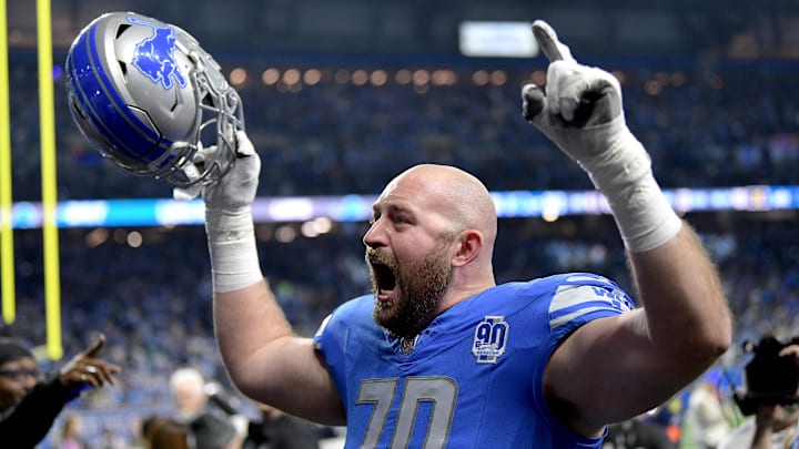 Jan 14, 2024; Detroit, Michigan, USA; Detroit Lions offensive tackle Dan Skipper (70) celebrates after a 2024 NFC wild card game against the Los Angeles Rams at Ford Field. Mandatory Credit: Lon Horwedel-Imagn Images