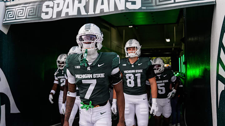 Michigan State defensive back Joshua Eaton (7) leads a group of the tunnel for warm up against Western Michigan at Spartan Stadium in East Lansing on Friday, August 29, 2025.