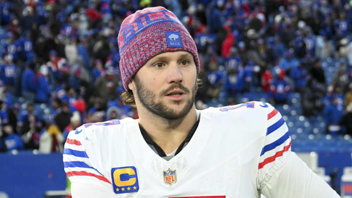 Nov 16, 2025; Orchard Park, New York, USA;  Buffalo Bills quarterback Josh Allen (17) after the game against the Tampa Bay Buccaneers at Highmark Stadium.