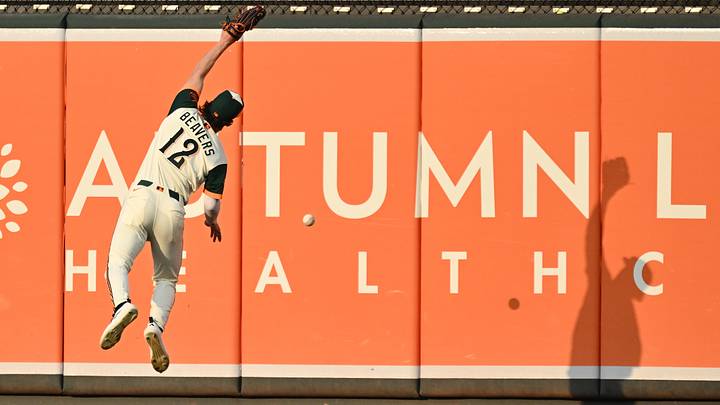 Jul 10, 2026; Baltimore, Maryland, USA;  Baltimore Orioles outfielder Dylan Beavers (12) is unable to make the catch on a deep fly ball in right field from Kansas City infielder Bobby Witt Jr. (7) in the first inning at Oriole Park at Camden Yards. Mandatory Credit: Jamie Sabau-Imagn Images