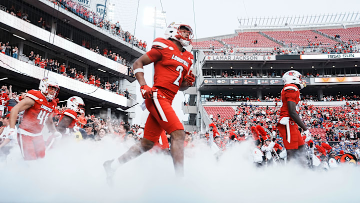 Louisville Cardinals football team takes to the field to take on James Madison University Friday September 5, 2025 at L&N Credit Union Stadium in Louisville, Kentucky.