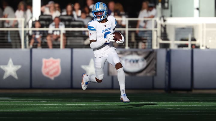 Oct 13, 2024; Arlington, Texas, USA; Detroit Lions wide receiver Jameson Williams (9) runs with the ball during the second half against the Dallas Cowboys at AT&T Stadium. Mandatory Credit: Kevin Jairaj-Imagn Images Oct 13, 2024; Arlington, Texas, USA; Detroit Lions wide receiver Jameson Williams (9) runs with the ball during the second half against the Dallas Cowboys at AT&T Stadium. Mandatory Credit: Kevin Jairaj-Imagn Images