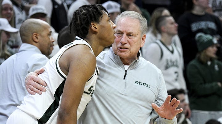 Jan 24, 2026; East Lansing, Michigan, USA; Michigan State Spartans head coach Tom Izzo talks with guard Jeremy Fears Jr. (1) during the first half against the Maryland Terrapins at Jack Breslin Student Events Center. Mandatory Credit: Dale Young-Imagn Images Jan 24, 2026; East Lansing, Michigan, USA; Michigan State Spartans head coach Tom Izzo talks with guard Jeremy Fears Jr. (1) during the first half against the Maryland Terrapins at Jack Breslin Student Events Center. Mandatory Credit: Dale Young-Imagn Images