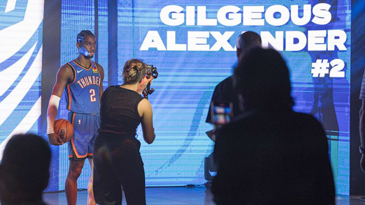 Oct 2, 2023; Oklahoma City, OK, USA; Oklahoma City Thunder guard Shai Gilgeous-Alexander (2) during media day at Oklahoma City Convention Center. Mandatory Credit: Alonzo Adams-Imagn Images