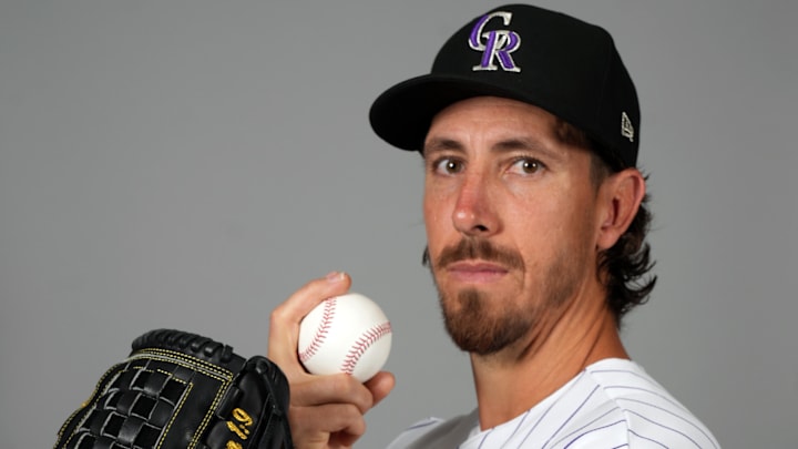 Colorado Rockies pitcher Michael Lorenzen (24) poses for Photo Day. 